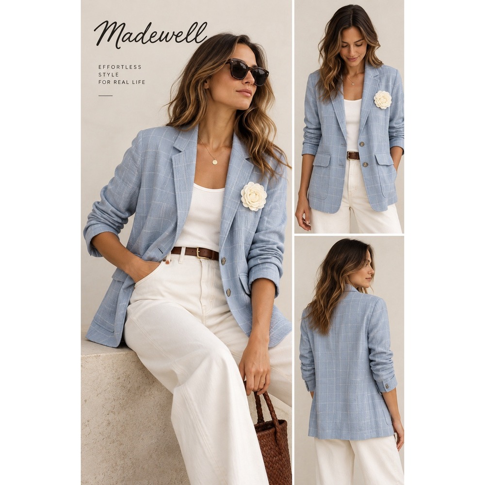 Madewell Blazer Relaxed Larsen Cotton & Linen Blue Windowpane Jacket Size L